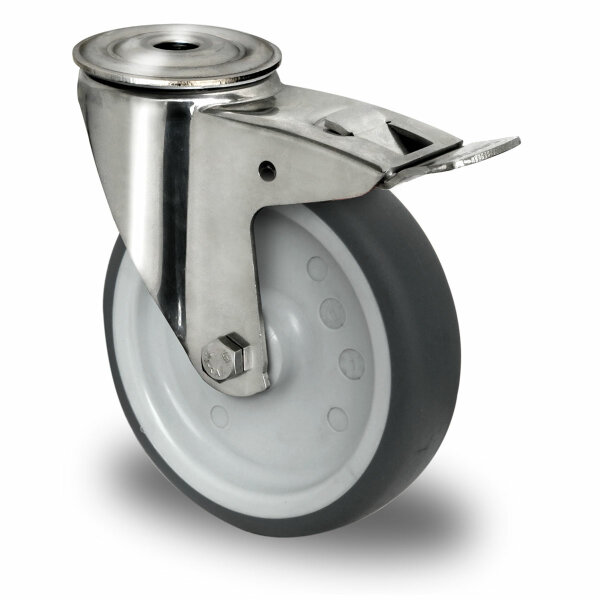 bolt hole swivel castor with total brake ø 100 mm series P2W2 plain bearing stainless steel