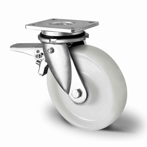 Swivel castor with total locking device in the forward stroke